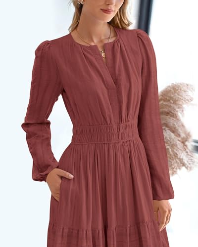 BTFBM Fall Dresses for Women 2025 Casual Long Sleeve V Neck Elastic Waist Lightweight Maxi Wedding Guest Dress Pockets