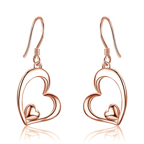 WINNICACA Rose Gold Heart Earrings Sterling Silver Sideways Layered Shaped Heart Dangle Drop Hooks Earrings Jewelry Gifts for Women Teens Birthday Valentine gifts for Women Mom Wife