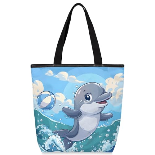 Mularoka Cartoon Dolphin Volleyball Canvas Tote Bag with Zipper and Pockets Canvas Tote Shopping Bag Women Reusable Grocery Bag for Beach Travel Gym Shopping