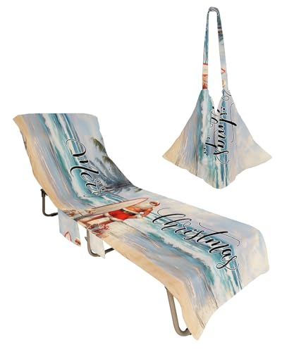 Christmas Summer Beach Chair Towel Covers for Chaise Lounge with Side Pocket, Soft Plush Pool Towels Cover for Patio Sunbathing Outdoor 29''x85'' Beach Santa Surfboard Painted