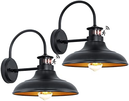 2 Packs Motion Sensor Outdoor Barn Lights - Dusk to Dawn Farmhouse Gooseneck Barn Light, 12in Large Black Porch Light Fixture Wall Mount, Exterior Wall Lighting Fixture for Garage Patio Doorway
