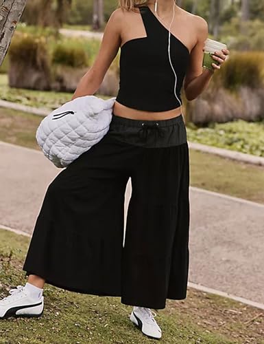 Zontroldy Women's Summer Tiered Wide Leg Flowy Boho Pants Drawstring Low Rise Palazzo Flared Cropped Trousers3