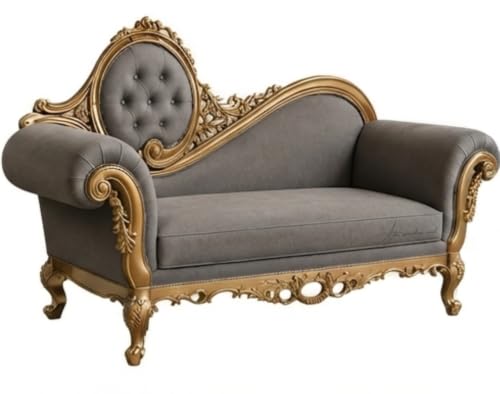 Image of Victorian Style Chaise Lounge, Tufted Cream Upholstery, Mahogany Wood Frame, Classic Living Room Furniture (Grey)