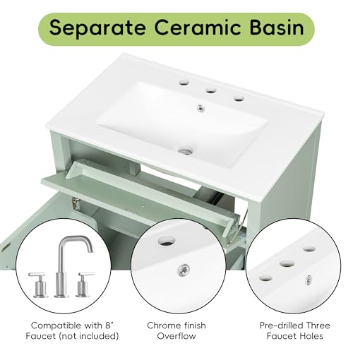 Image of 30 inch Bathroom Vanities with Top Set, Cabinet with Right-Side Multi-Functional Tip-Out Drawer and Adjustable Shelf, Soft-Closing Door, Solid Wood Legs, Green