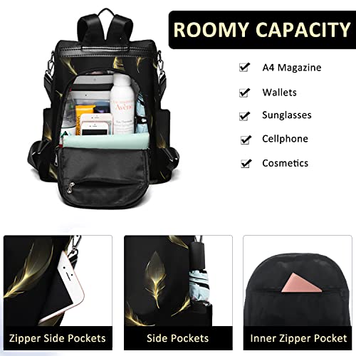 Image of Fmeida Travel Backpack Purse for Women Anti Theft Convertible Backpacks Fashion Waterptoof Nylon Daypack Black Feather