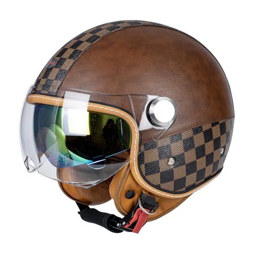 QUICKOOL Dual Visor 3/4 Open Face Motorcycle Helmet for Men & Women, DOT Approved Unisex Retro Half Helmet?Motorbike Casco for Moped Cruiser Bobber and Chopper (Short Outer Shield-Brown,M)
