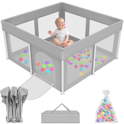 Image of Foldable Playpen for Babies and Toddlers,50 inchx71 inch Collapsible Play Pen with 50 Ball Pit Balls, Portable Indoor & Outdoor Play Yard, Baby Fence with Carry Bag, Mat Not Include, Grey