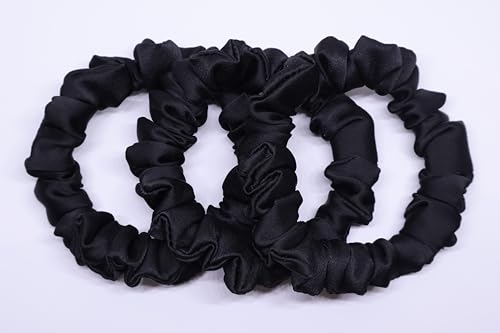 Image of Satin Scrunchies Hair Bands for Women | No-Damage Elastic Hair Ties for Ponytails & Buns | Fluffy & Stylish Rubber Bands | Free Size | Pack of 3 (Set of Black Color)