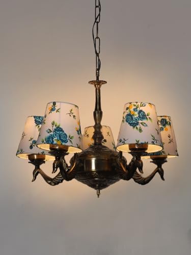 Image of Devansh 05-Light Printed Conical Multicolor Cotton Shade Chandelier - Antique Golden Finish | Adjustable Cord | Warm Glow Lamp - Ceiling Light for Living Room, Dining Area, BedroomDecor - D2