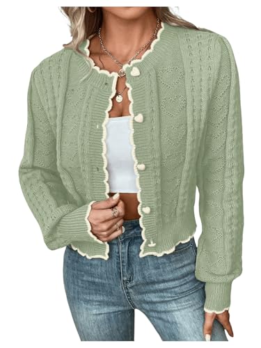 WDIRARA Women's Contrast Trim Button Down Cardigan Sweater Scallop Long Sleeve Knit Outerwear