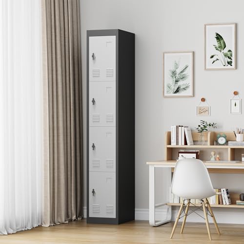 Metal Storage Cabinet with 4 Doors, 72’’ Tall Lockers for Employees Students with Shelves, Metal Storage Steel Locker for School Garage Office Gym Home Warehouse, Assembly Required, Grey+Black