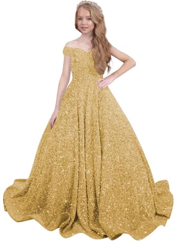Sequin Girls Pageant Dresses Off Shoulder Sparkly Flower Girl Dresses for Wedding Birthday Party Gowns