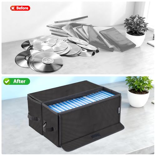 Image of UENTIP DVD Storage Boxes-Pack of 2 DVD CD Case Storage, For Car Home Travel | DVD Holder, 17.25 inchx6.25 inchx8 inch, Foldable Container with Lid, Holds 40 Full Jewel Case DVDs, 80 Slim Case DVDs, 200 Sleeved Discs