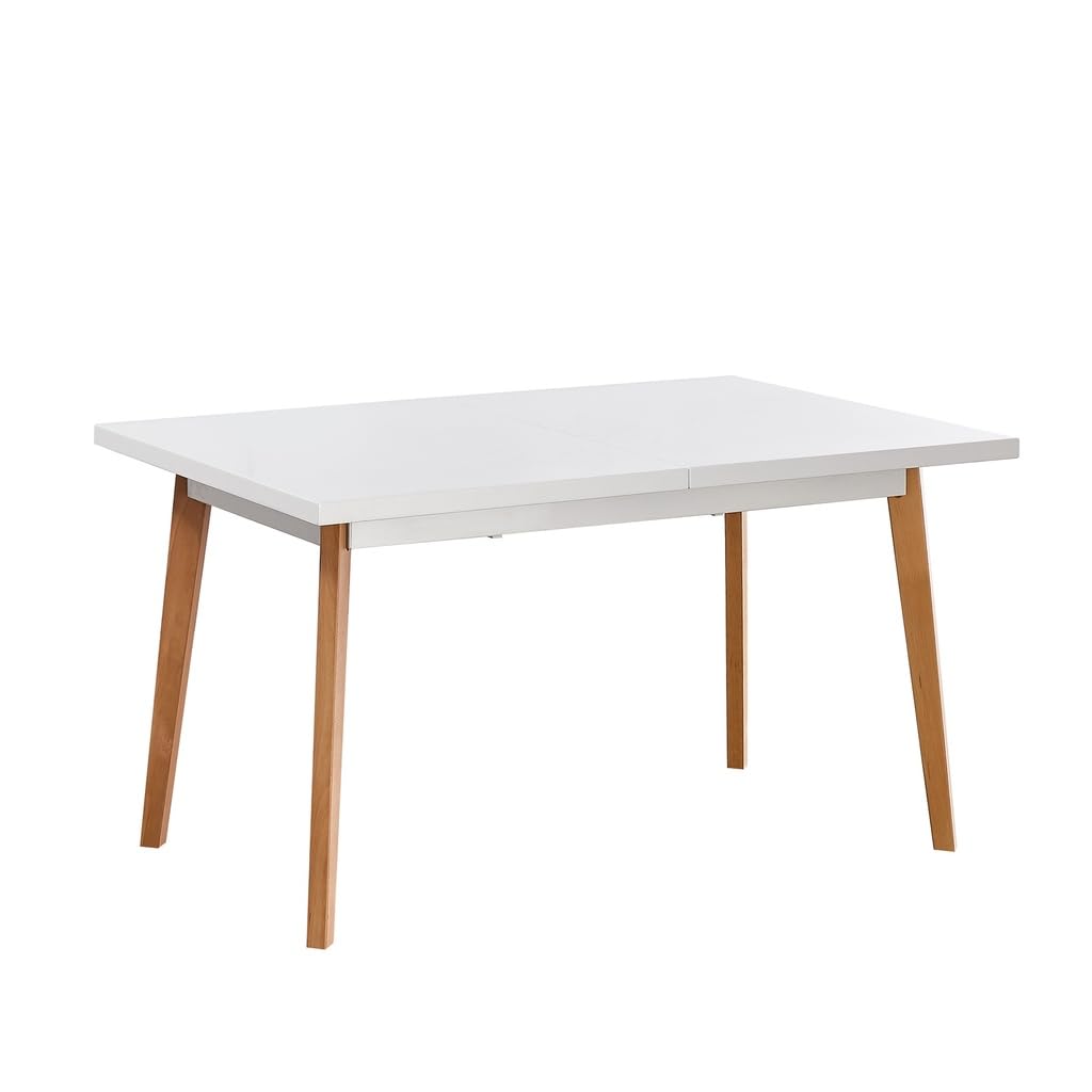 Mesa de Comedor Extensible Blanca Estilo Nórdico con Patas de Madera de Roble – 140/180x90x75 cm – Diseño Moderno y Elegante con Tapa Lacada en MDF