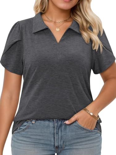 VISLILY Plus-Size-Summer-Tops for Women Casual Collared V Neck Polo Shirts Business Tunics Trendy Petal Short Sleeve Blouses