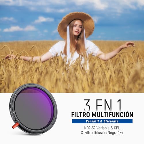 NEEWER 67mm 3 en 1 Filtro ND Variable + CPL + Black Diffusion 1/4, ND2-32 (1-5 Pasos), Objetivo Cámara Densidad Neutra Polarizador Circular Multicapa HD Cristal Óptico Efecto Filtro con Estuche - imagen 2