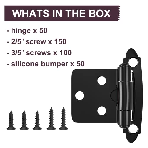 Hosom 1/2 Inch Overlay Black Cabinet Hinges, 50 Pcs (25 Pairs) Self Closing Cabinet Hinge For Kitchen & Bath，Flush Face Mount Cabinet Hardware With Upgraded Screws #TOP5