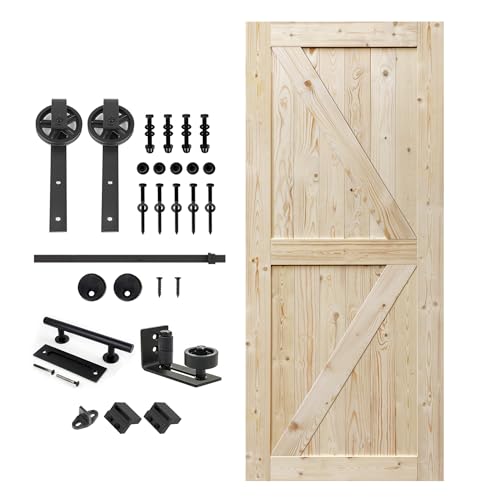 Image of S&Z TOPHAND 34in x 84in Unfinished British Brace Knotty Barn Door with Big Wheel Sliding Hardware Kit /Solid Wood /Sliding Door /Double Surfaces /A Simple Assembly is Required