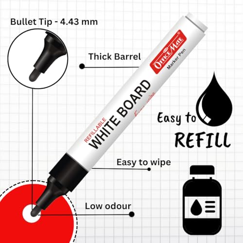 Image of Soni Officemate Whiteboard Marker Combo- Mix | 4 Markers + 4 Inks | Smooth Writing | Black, Blue, Red, Green | 4.43 mm Tip