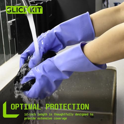 SLICK KIT Rubber Kitchen Cleaning Gloves, Reusable Dishwashing Gloves, Non-Slip, with Flocked Liner, 3 Pairs Pink+Yellow+Blue - Image 5