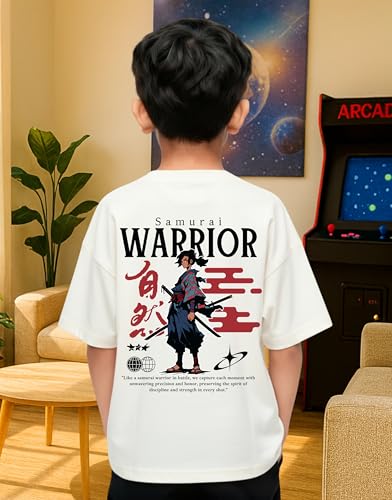 Image of Samurai Warrior Oversized T-Shirt for Kids 4-17 Years | Anime Samurai Front & Back Print | Boys & Girls Cotton Casual Tee