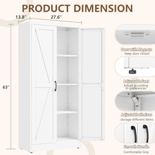 Image of White Metal Storage Cabinet, 67 inch Kitchen Pantry Cabinets for Office | Steel Kitchen Pantry Storage with Doors and 3 Adjustable Shelves, Metal Tool Cabinet, for Office, Home, Garage, School