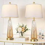 Glass Table Lamps Set of 2, Modern Bedside Lamps for Bedrooms with 3-Way Dimmable Touch Control Nightstand Lamp with White Lampshade USB A+C Ports, 27.5' Large Lamps for Living Room Decor, Champagne