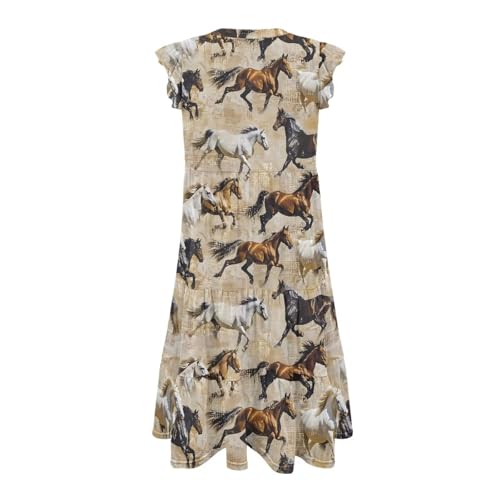 Image of Women's Casual Ruffle Sleeve Dress V Neck Pullover Dress Flowy A-Line Pleated Lightweight Dress with Pockets