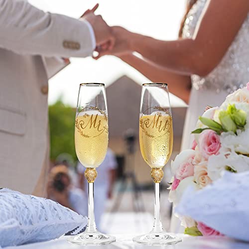 Tom Boy Wedding Champagne Flutes, Mr And Mrs Champagne Glasses With Gold Rim Rhinestone Studded Engraved, His And Hers Toast Flutes Set, Engagement Gifts, Wedding Gifts For Couples #TOP5