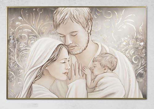 Toile décorée à la main Sainte Famille 90x60 cm cadeau mariage baptême