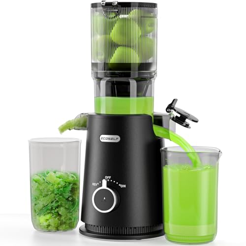 Juicer Machines, ECOSELF Cold Press Juicer with 4.35″ Large Feed Chute Fit Whole Fruits and Vegetables, Easy to Clean, Masticating Juicer Self Feeding Effortless for Batch Juicing, High Juice Yield