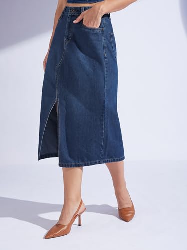 Image of Miss Chase Women's Regular High Rise Above Knee Stretchable Denim Skirt