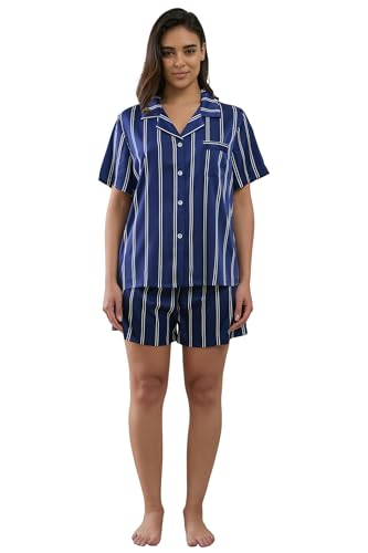 Image of YiNi LuLu Womens Silk Satin Shorts Pajamas Set Button Down 2 Piece Pjs Short Sleeve Oversized Sleepwear with Pockets
