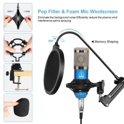 Image of ZHIZUKA BM800 Condenser Microphone Adjustable Boom Arm + Shock Mount + Pop Filter | Recording, Podcast, Streaming, Voice Overs, Singing, YouTube | Mobile, PC, MAC, PS4 | Need additional 48V Phantom Power | 3.5mm Mic - Blue