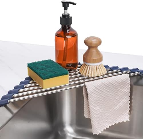 Tomorotec Triangle Roll-Up Dish Drying Rack for Sink Corner Small Foldable Stainless Steel Over The Sink Multipurpose Kitchen Drainer Caddy Trivet Rustproof Organizer Storage Space Saver Shelf