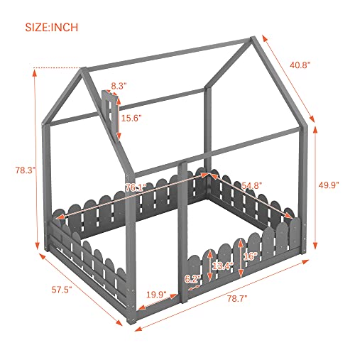 Meritline House Bed Full Size Kids Bed Frame With Fence, Montessori Beds With Roof, Wooden Full Floor Bed, Playhouse Bed Frame For Kids Girls Boys Teens (Gray) #TOP1