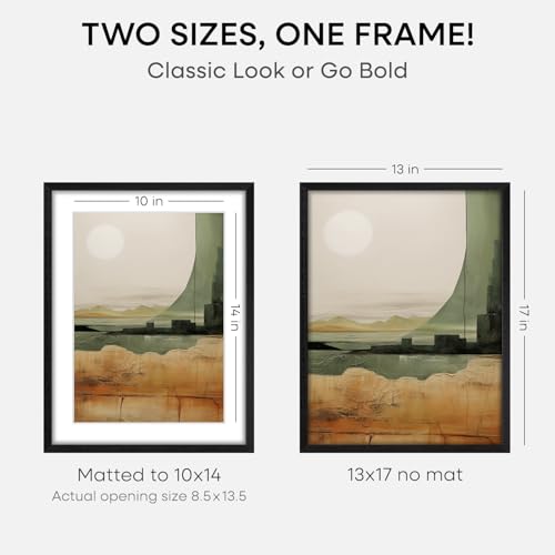 Image of Homeforia 13x17 Picture Frame Black Wood, High End Oak 13x17 Poster Frames with Mat 10x14 Photo, 13 x 17 Wooden Frame Matted to 10 by 14 Print, 17x13 Hanging Frames, Tempered Glass, Wall Kit, Set of 1