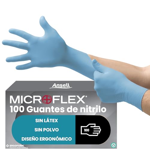 Ansell Microflex 92-134 Guantes Desechables de Nitrilo, Sin Polvo, Protección Química y Mecánica, Seguridad Alimentaria, Guantes Multiusos Profesionales, Azul, Talla S (100 Guantes)