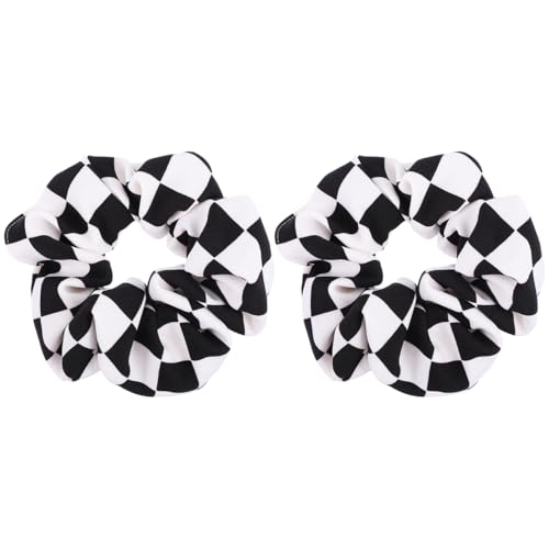 2Pcs Black and White Plaid Scrunchies - Checkered Elastic Ponytail Holders, Hair Ties, and Wrist Bobbles for Headwear Accessories