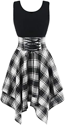 Skater Dresses for Women,Summer Casual Lace-up Gingham Tank Dress Layered High Waist Pleated Dress for School Girl, Teen Girl V-Neck Sleeveless Dress Versatile Midi Sun Dress(Gray,Small)