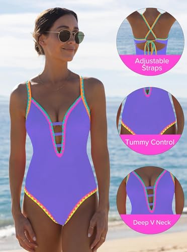 Image of popvil Women One Piece Swimsuit Deep V Neck Neon Cute Bathing Suit | Neon Contrast Trim, Adjustable Straps, Cutout, Soft Stretch Fabric, Back Tie, Quick-drying, Beach, pool, cruise vacation