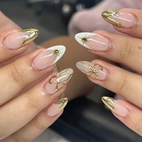 Amazon.com: CTTHNBD Medium Press on Nails Almond - Gold French Tip Fake ...