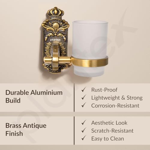 Image of Plantex Tumbler Holder for Bathroom /Aluminum GlassTooth Brush Stand /Bathroom Accessories - Pack of 1 (Brass Antique)