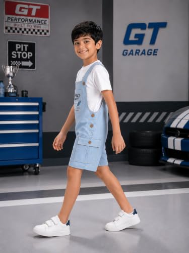 Image of KiddoPanti Unisex Denim Cargo Dungaree Shorts | 69.1% Cotton 29% Spun Poly 1.9% Spandex | Above Knee Length | Soft Breathable Summer Dungaree