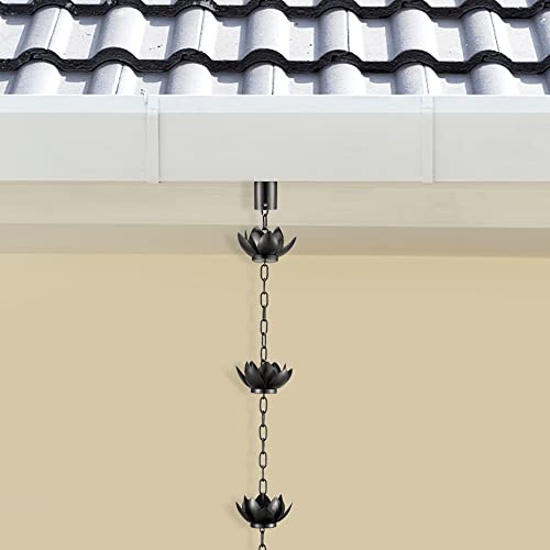 Image of Oak Leaf Rain Chain with Adapter, 8.5ft Adjustable Lotus Rain Catcher Chain for Gutters Outside Downspout, for Divert Water and Home Display, Black Powder Coated