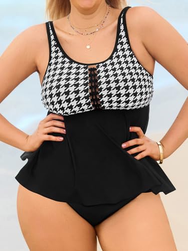 CUPSHE Women's Plus Size Tankini Sets Scoop Neck Flowy Two Piece Swimsuits Adjustable Straps Mid Rise4