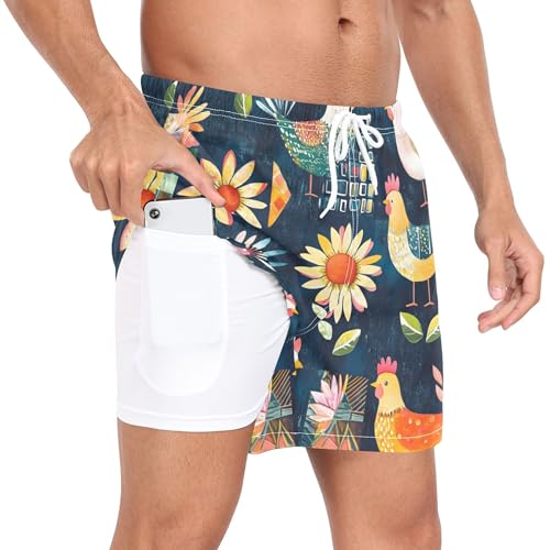 xigua Colorful Rooster Mens Swim Trunks with Liner, 5 inch Quick Dry Mens Boardshorts for Beach2