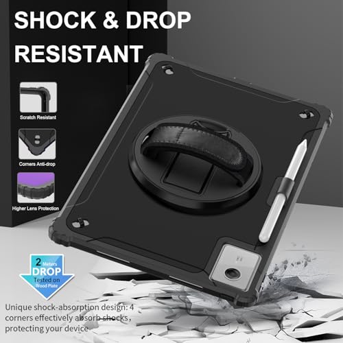 Image of Junfire Protective Case for Lenovo Idea Tab Plus 12.1 inch 2025,Black | Shockproof, Hand Strap, 360Rotating Stand, Pencil Holder, Carrying Strap, Hard Shell
