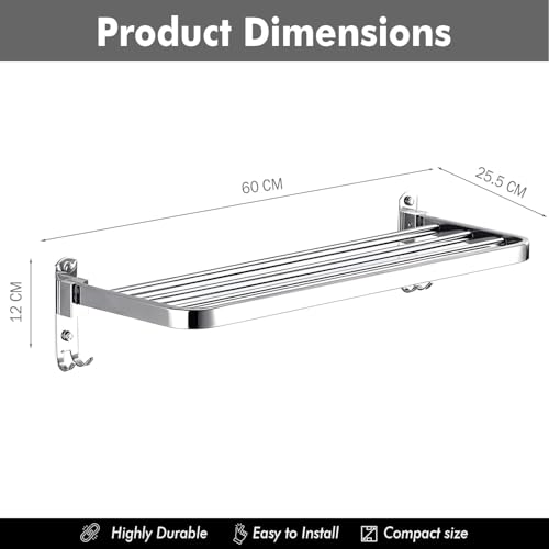 Image of Pivalo 304 Grade Stainless Steel Folding Towel Rack Multipurpose Wall Mounted Hook Hanger Bar Shelf Bathroom Accessories and Fittings for Kitchen Washroom Wash Basin (Pack of 1, Square, 1025A)
