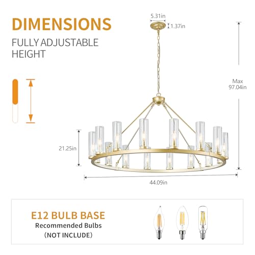 Image of 16 Light Large Wagon Wheel Chandelier with Clear Glass Shade Gold Round Pendant Light Farmhouse Industrial Chandeliers Dining Room Light Fixture for Stair Living Room Foyer Kitchen